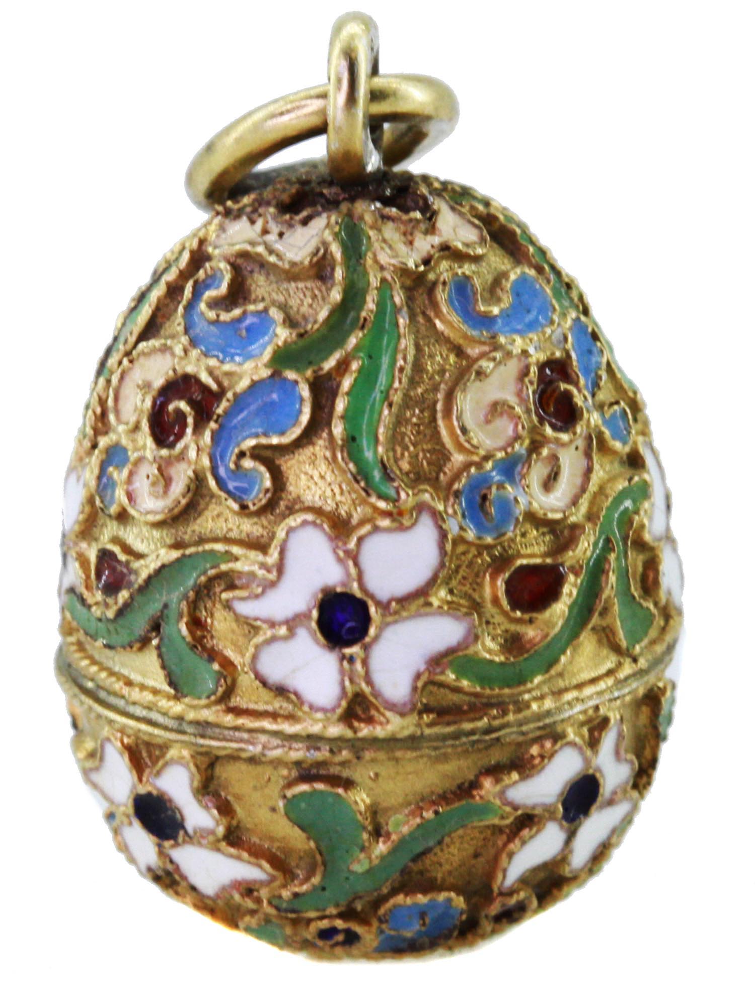 RUSSIAN SILVER GILT CLOISONNE ENAMEL EGG PENDANT PIC-0